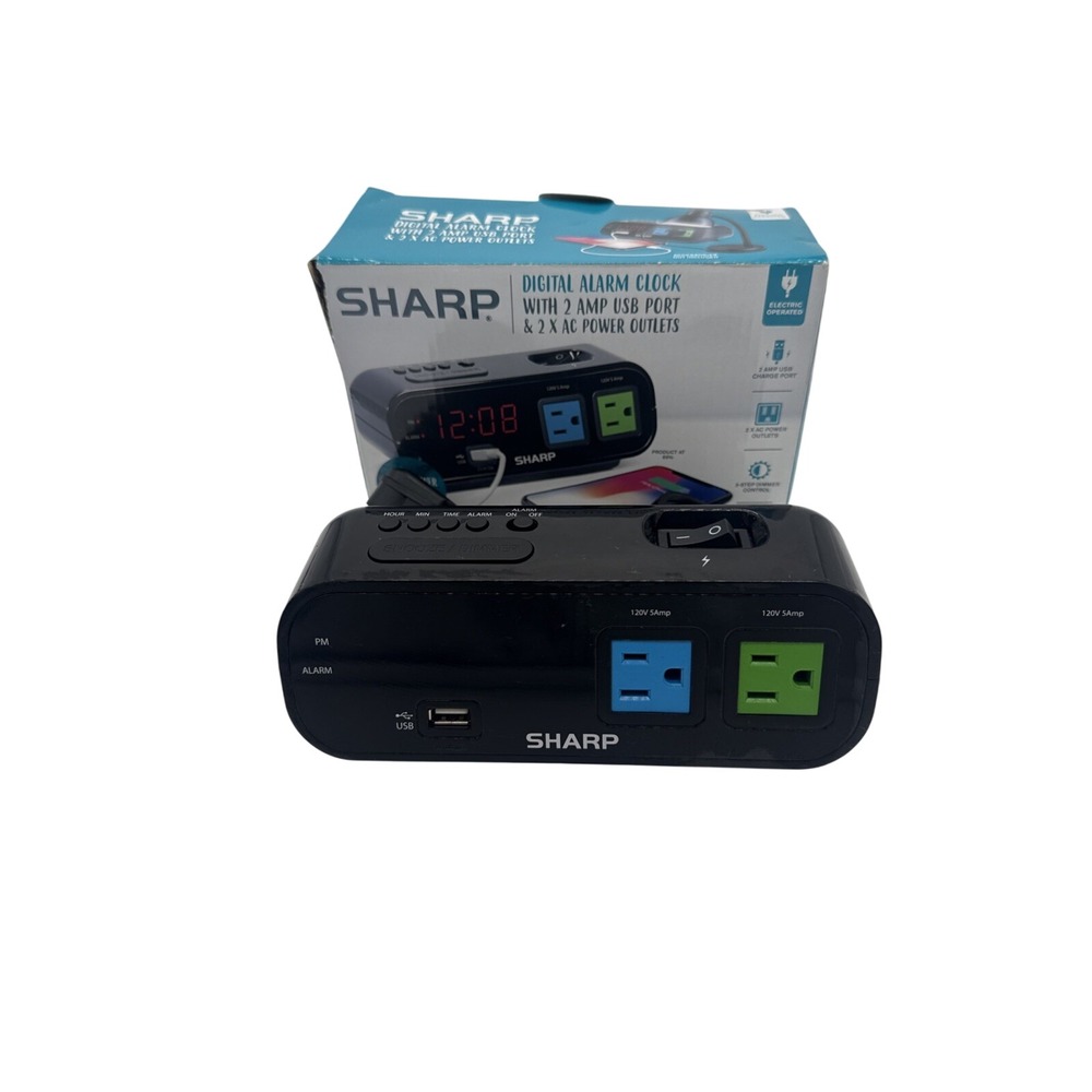 SHARP LED Digital Alarm Clock, 2 AMP fast Charge USB Ports & 2 AC Power Outlets